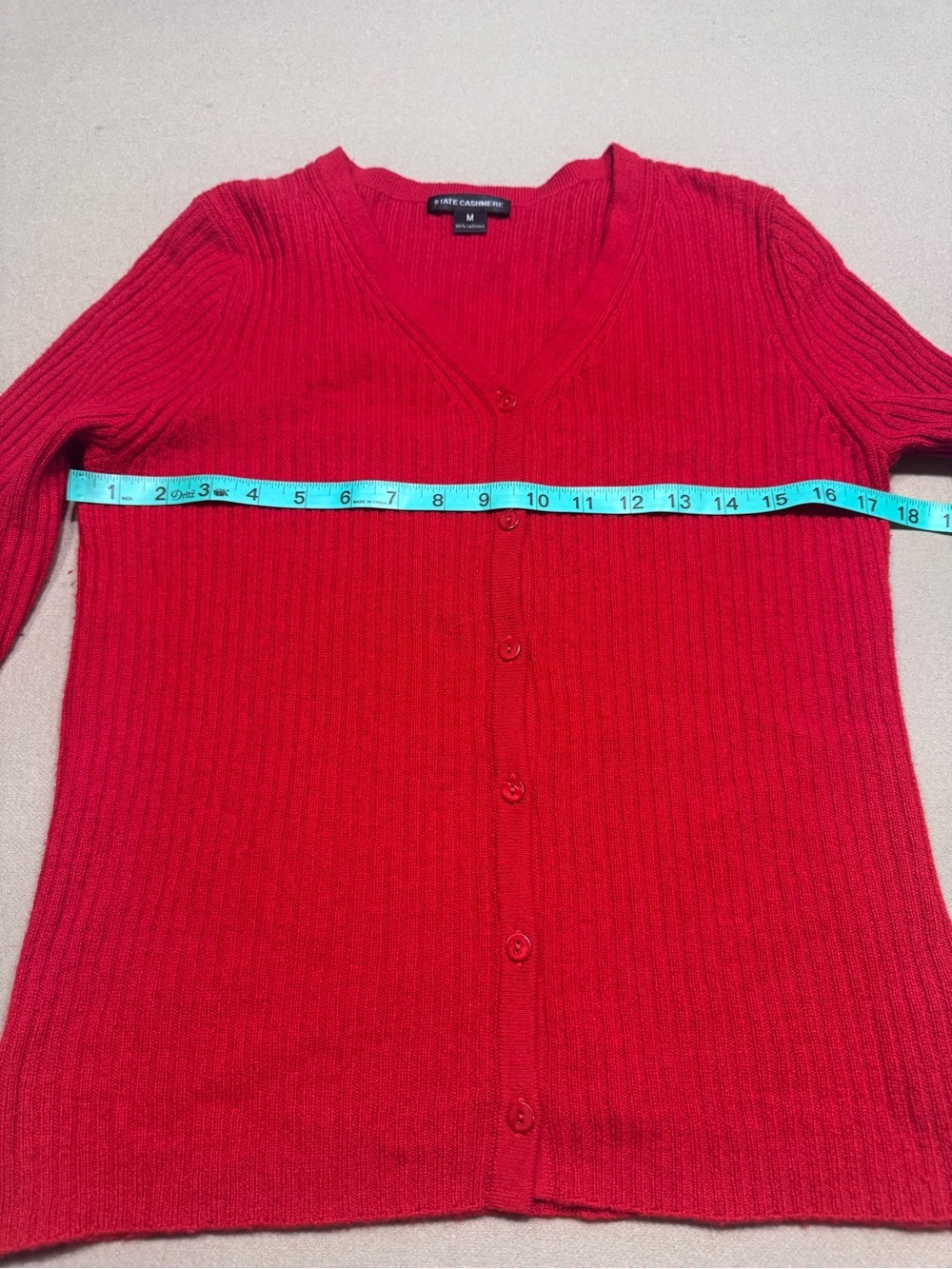 State Cashmere Red Ribbed V‑Neck Button Cardigan - Picture 4 of 4